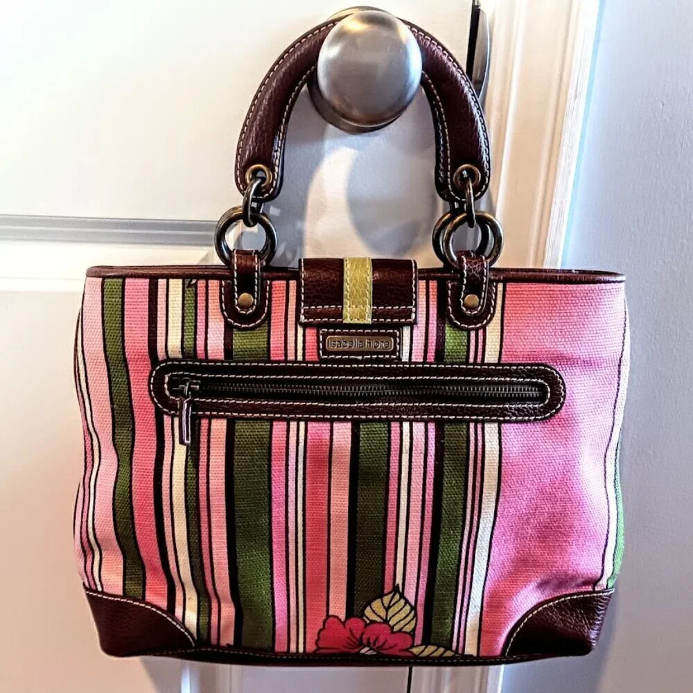 Isabella Fiore Pink Green Floral Canvas Brown Pebbled Leather Trim Bag